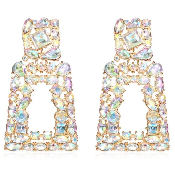 Yellow Gold with Iridescent AB Crystal Geometric Rectangle Post Back Earrings - Picture 1 of 6